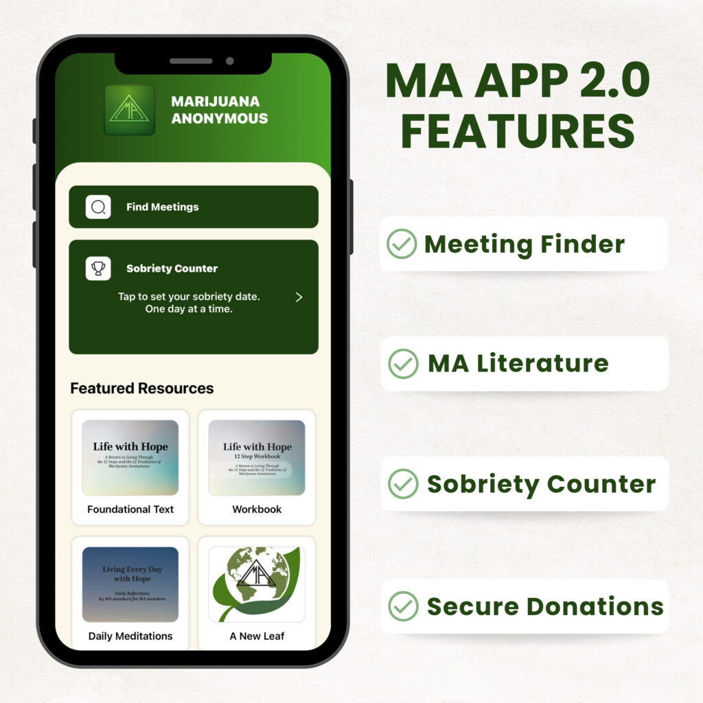 MA App Promo featuring Meeting Finder, MA Literature, Sobriety Counter and Secure Donations.