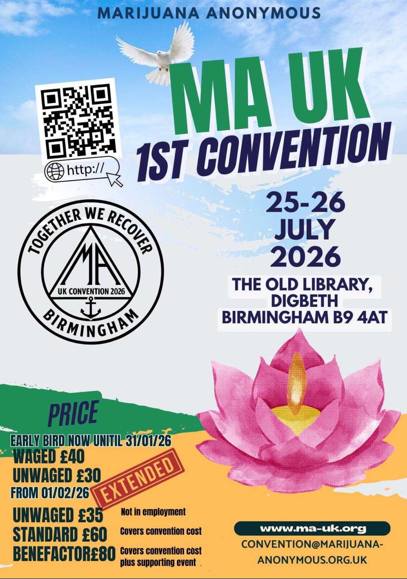 Promotional flyer for the first Marijuana Anonymous UK Convention in Birmingham, July 25–26, 2026, featuring event details, registration pricing, QR code, and website.