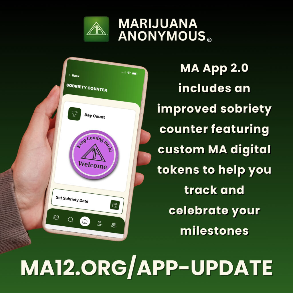 Marijuana Anonymous app sobriety counter with digital token celebrating recovery milestones.