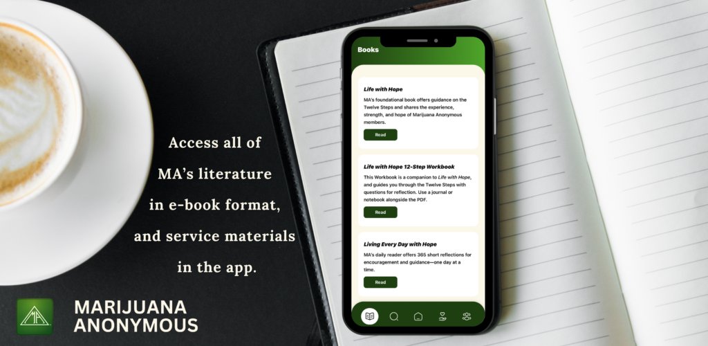 Marijuana Anonymous app promo showing phone interface with Life with Hope, Living Every Day with Hope and Life with Hope -12 Step Workbook in ebook format.