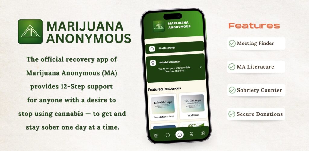 Marijuana Anonymous app promo showing phone interface with meeting finder, sobriety counter, and recovery resources