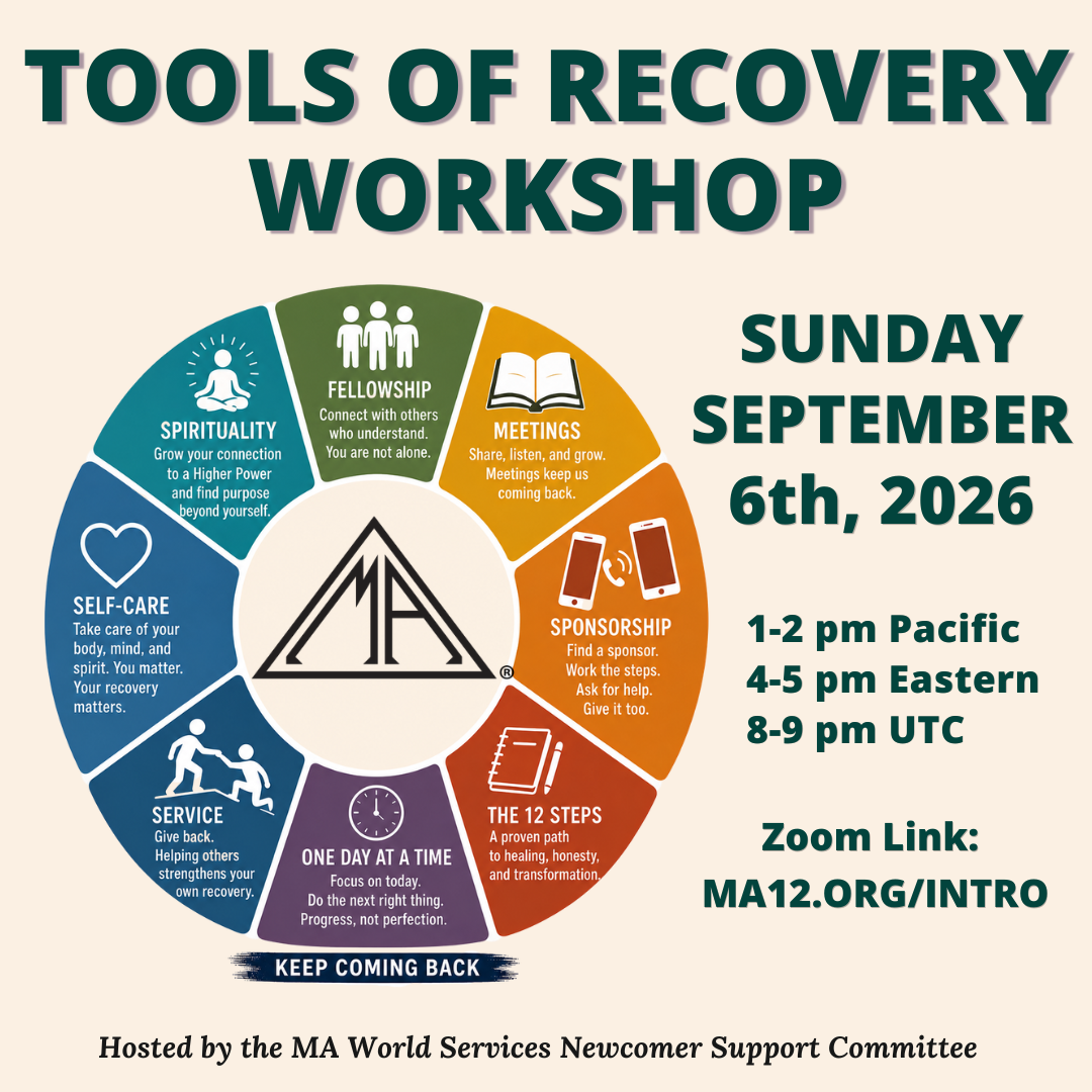 Marijuana Anonymous Tools of Recovery Workshop, September 6, 2026, hosted by the MA World Services Newcomer Support Committee.
