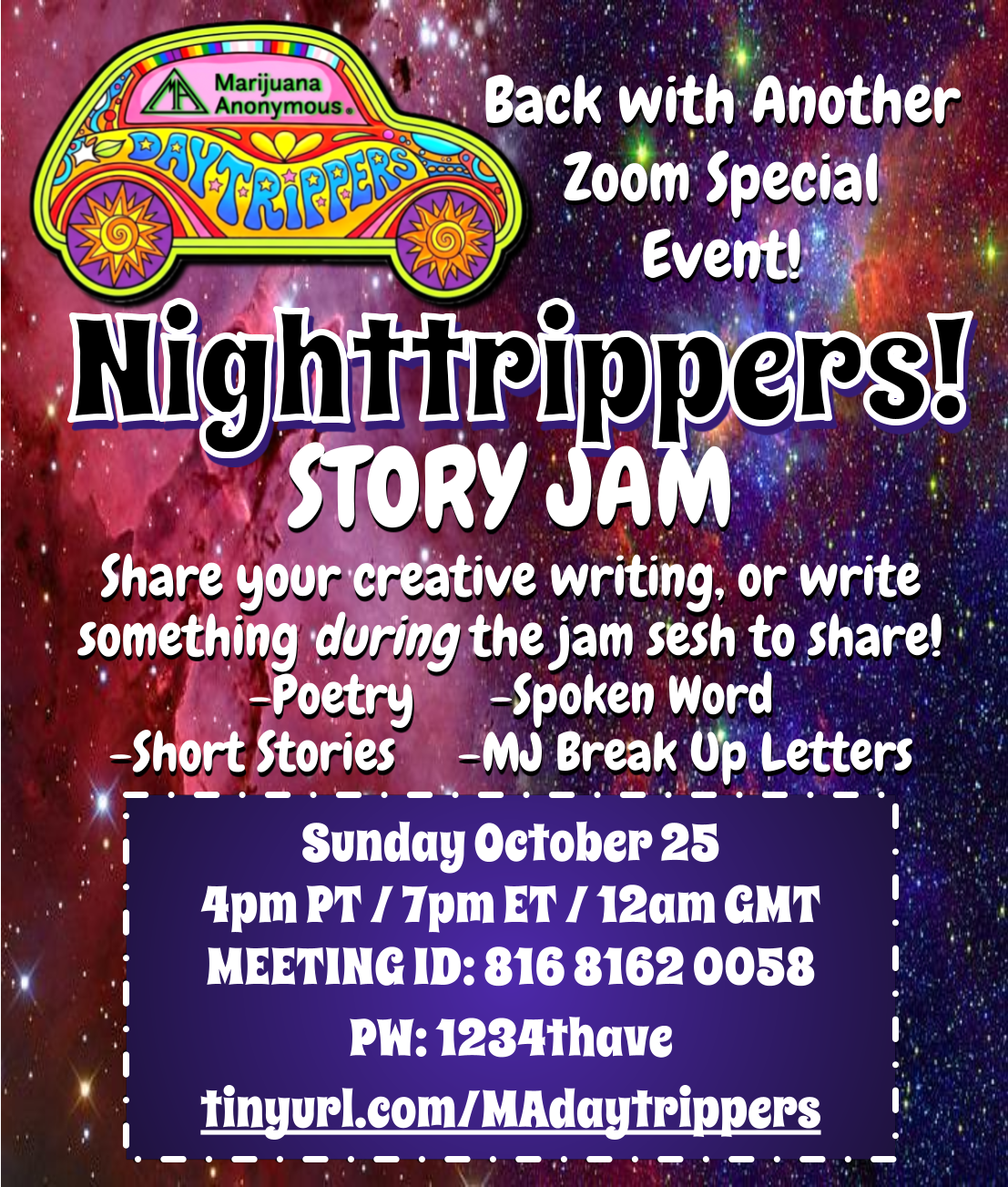 Colorful Marijuana Anonymous Nighttrippers flyer against a purple galaxy background, featuring a psychedelic van logo. Announces a Story Jam Zoom event on Sunday, October 25, at 4 PM PT / 7 PM ET / 12 AM UTC