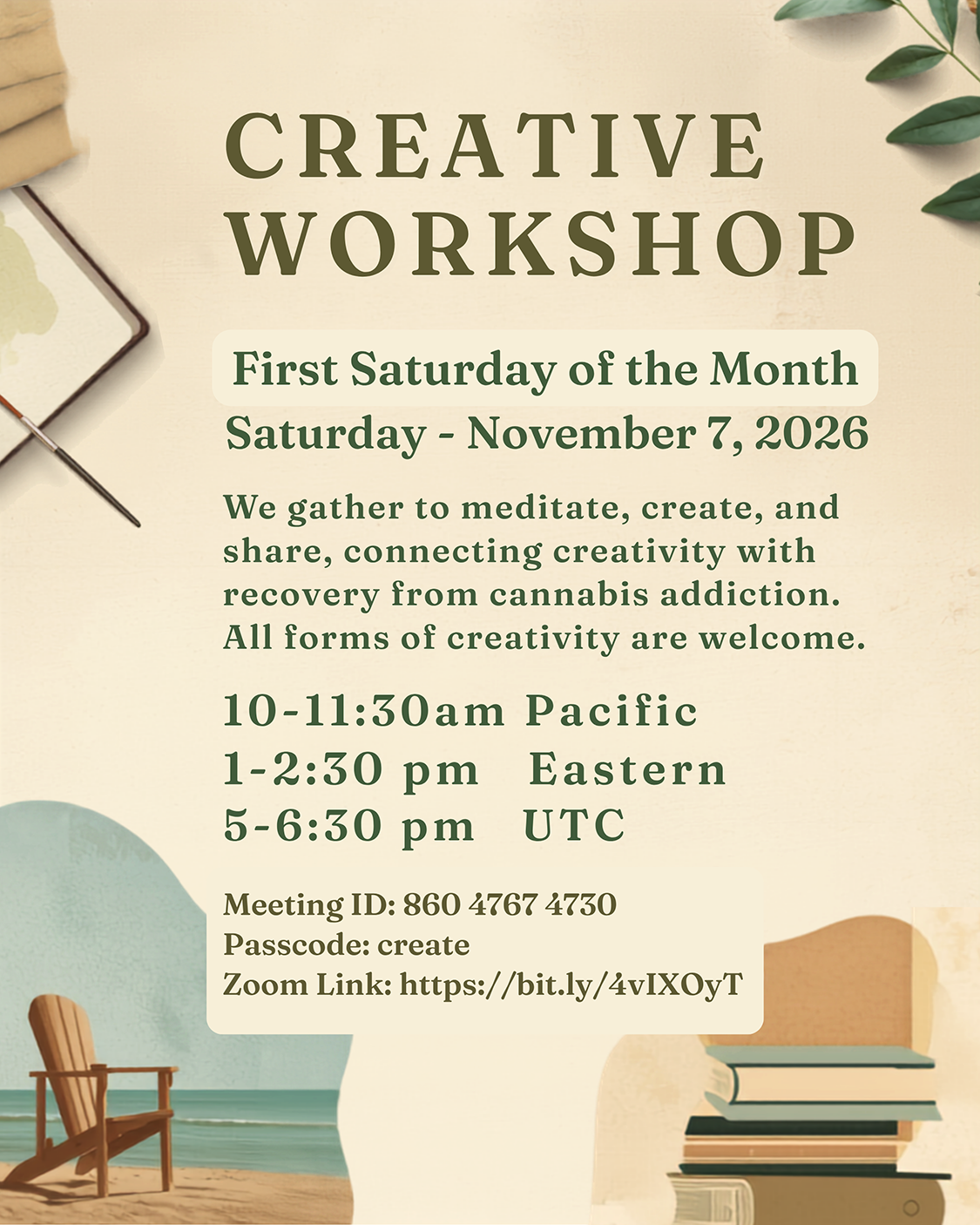 Creative Workshop flyer for November 7, 2026, from 10–11:30 a.m. Pacific and 1–2:30 p.m. Eastern, connecting creativity with recovery from cannabis addiction.